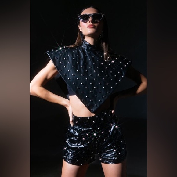 Faux Leather Stud Mock Neck Triangle Blouse & HBIC FAUX LEATHER SPIKE Shorts - Picture 9 of 15
